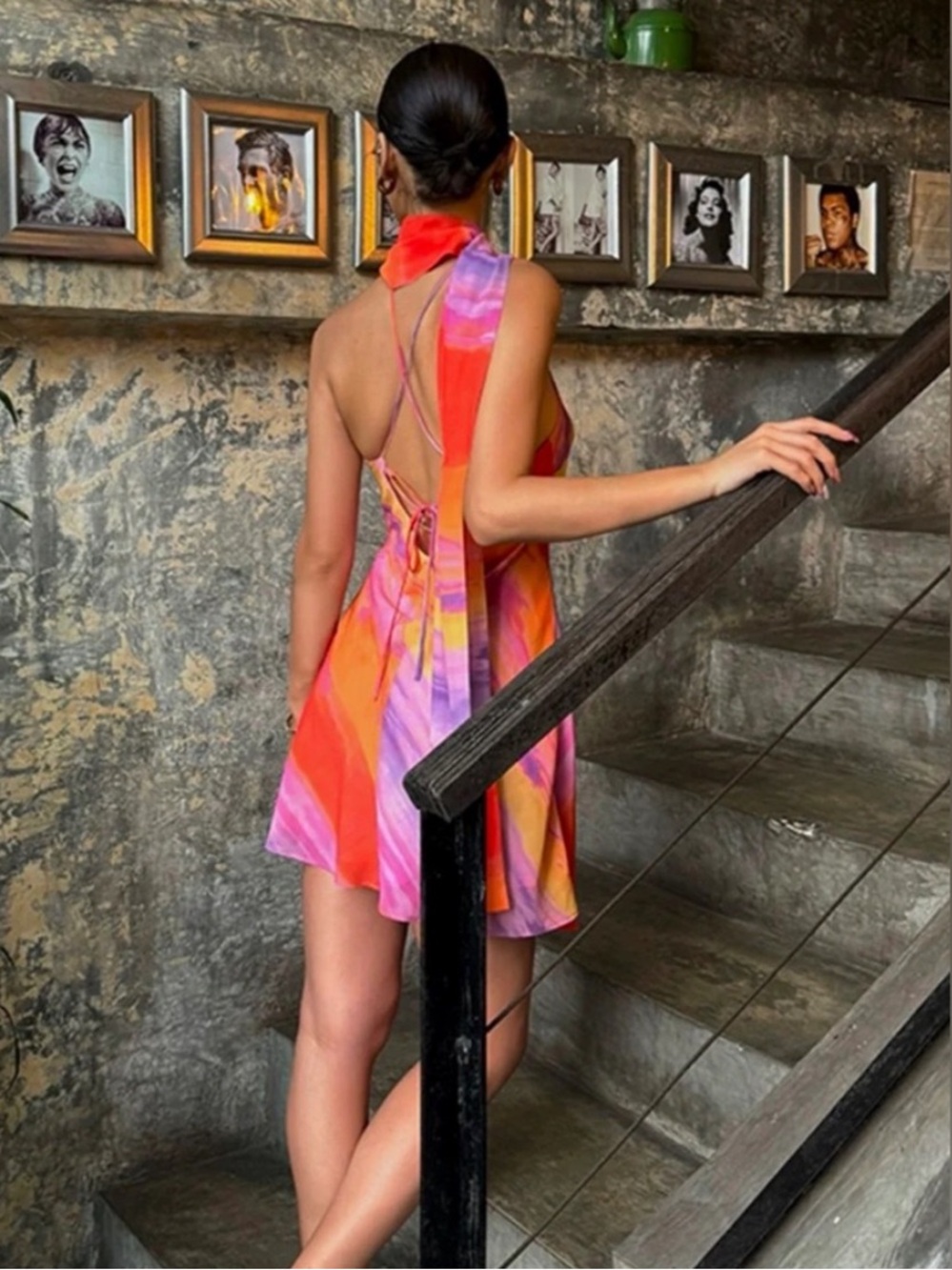 169. Commense Semi-Sheer Halter Backless Tie Dye Short Dress